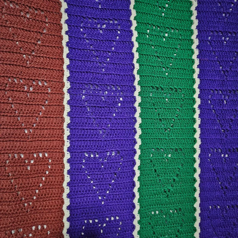 Handmade Stripe Heart Crochet/Knit Afghan Blanket Throw Brown Blue Green 66